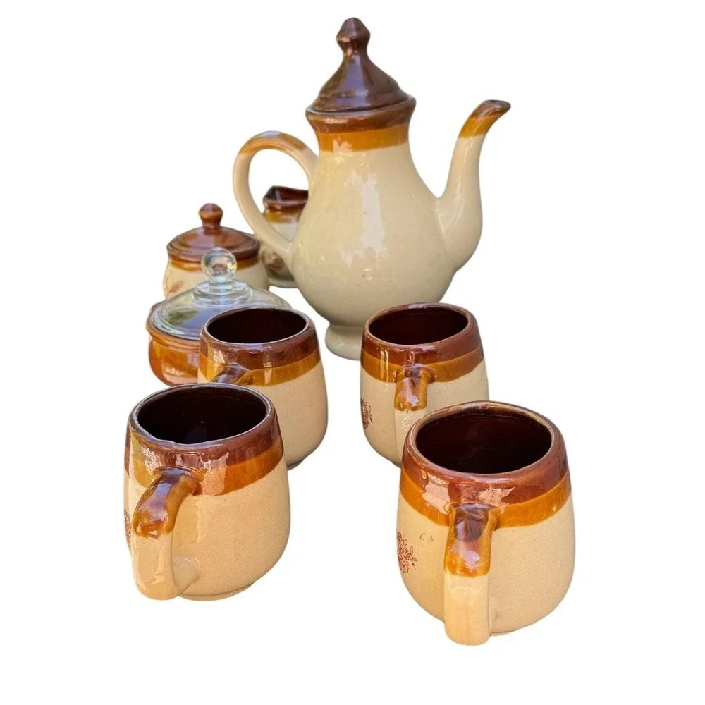 Vintage Stoneware Tea Set Wheat Pattern Teapot Creamer‎ Sugar 4 Mugs Brown Tan